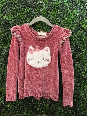 Btween, Girls Soft Sweater, Mauve, Cat with bow, Size 4T